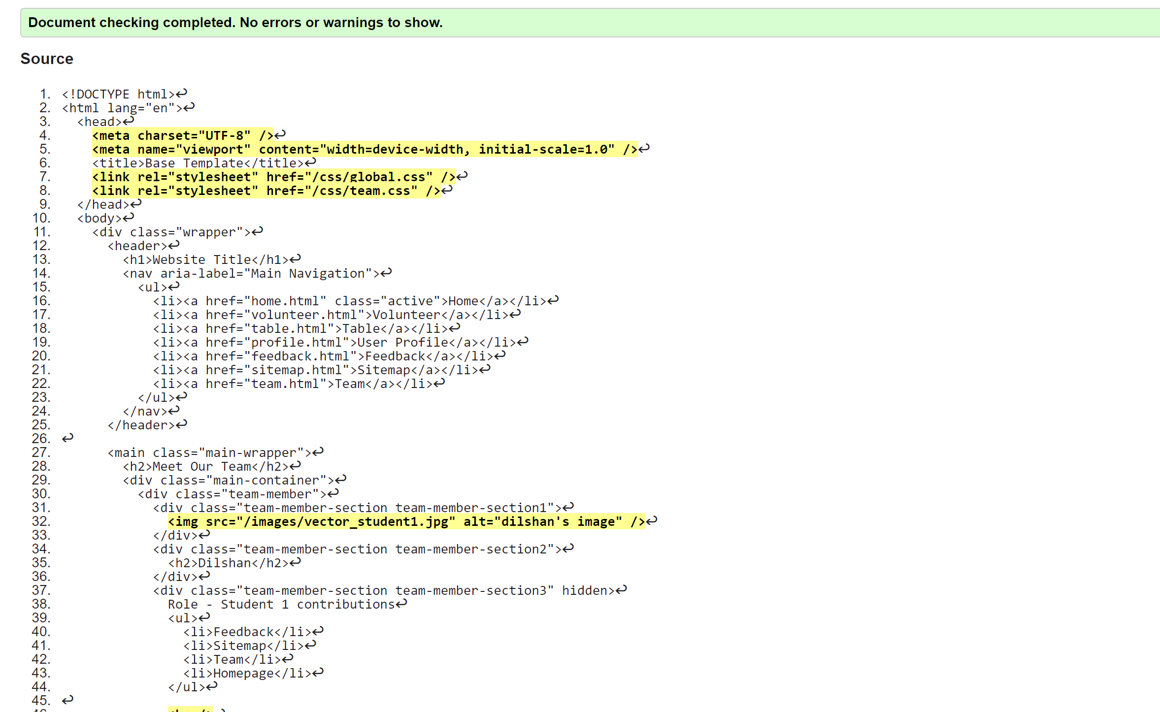 team validation snapshot
