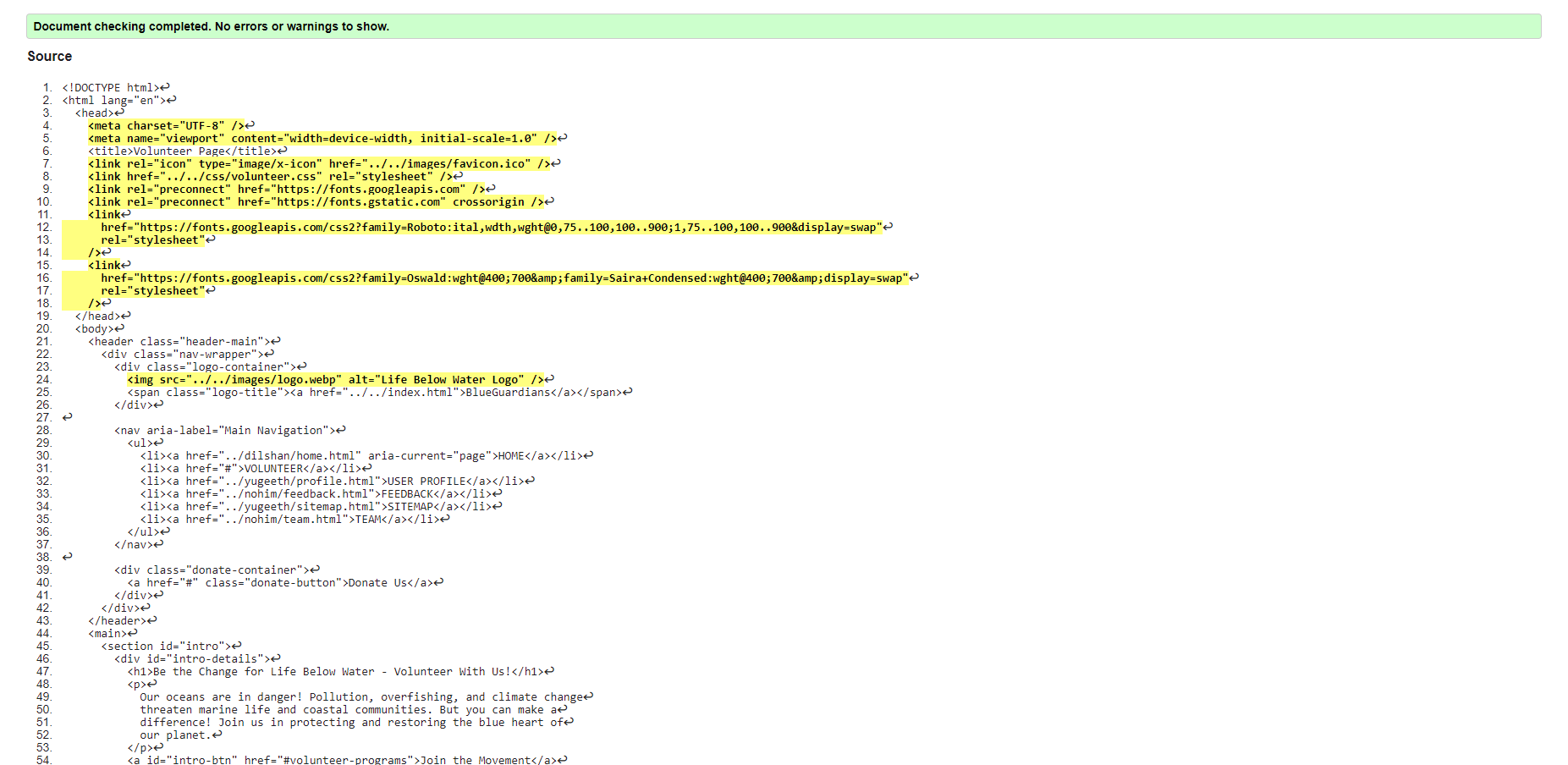 Volunteer page validation snapshot